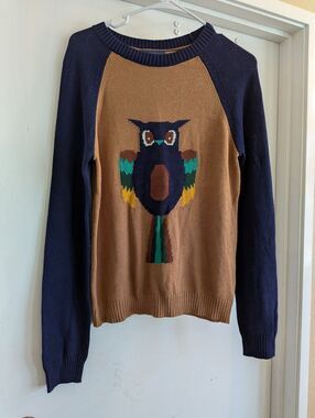 Modcloth Brown & Navy Owl Intarsia Crewneck Sweater Sample Size Small Oversized